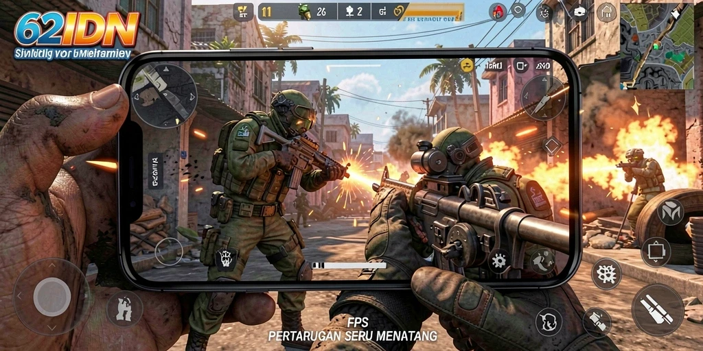 Screenshot utama 62IDN menampilkan aksi tembak-tembakan yang intens.