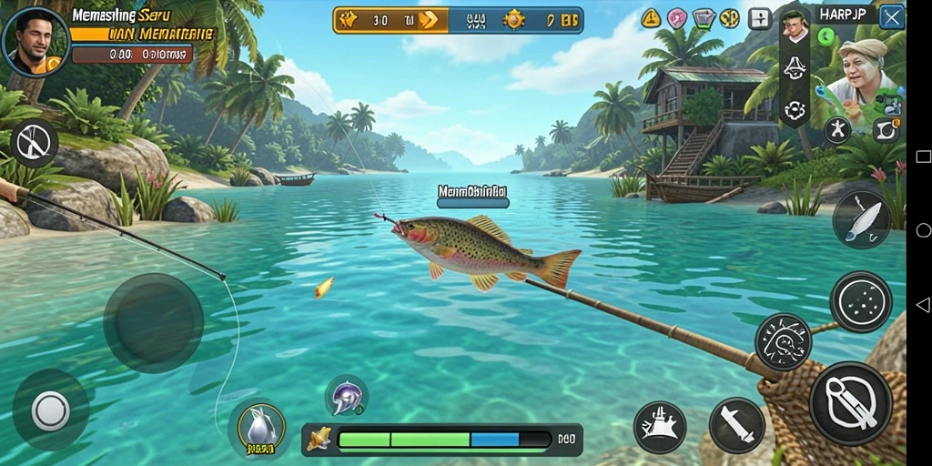 Screenshot gameplay HARAPJP yang menampilkan aksi memancing yang seru.