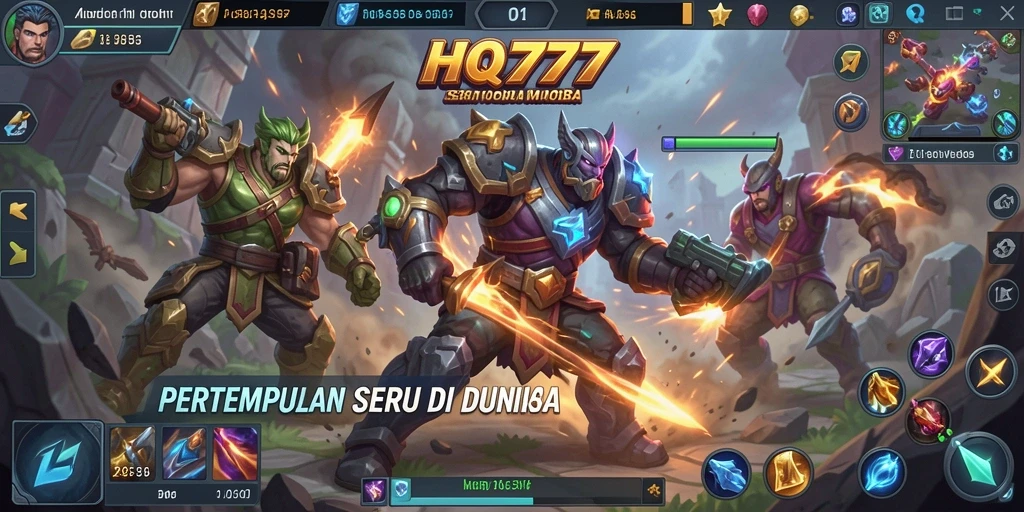 Gameplay seru HQ777 dengan karakter MOBA yang dinamis.
