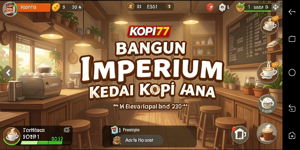 Screenshot gameplay KOPI77 menampilkan kedai kopi yang ramai dan inovatif.