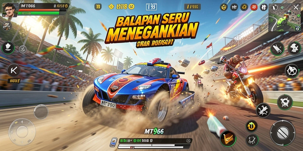 Tampilan gameplay MT966 yang menegangkan di trek balapan.